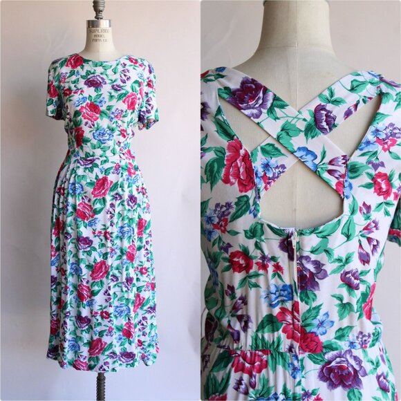 Vintage 1980's Dress with Pockets, Tareti Howard Levi Floral print with Criss Cr - Picture 1 of 10